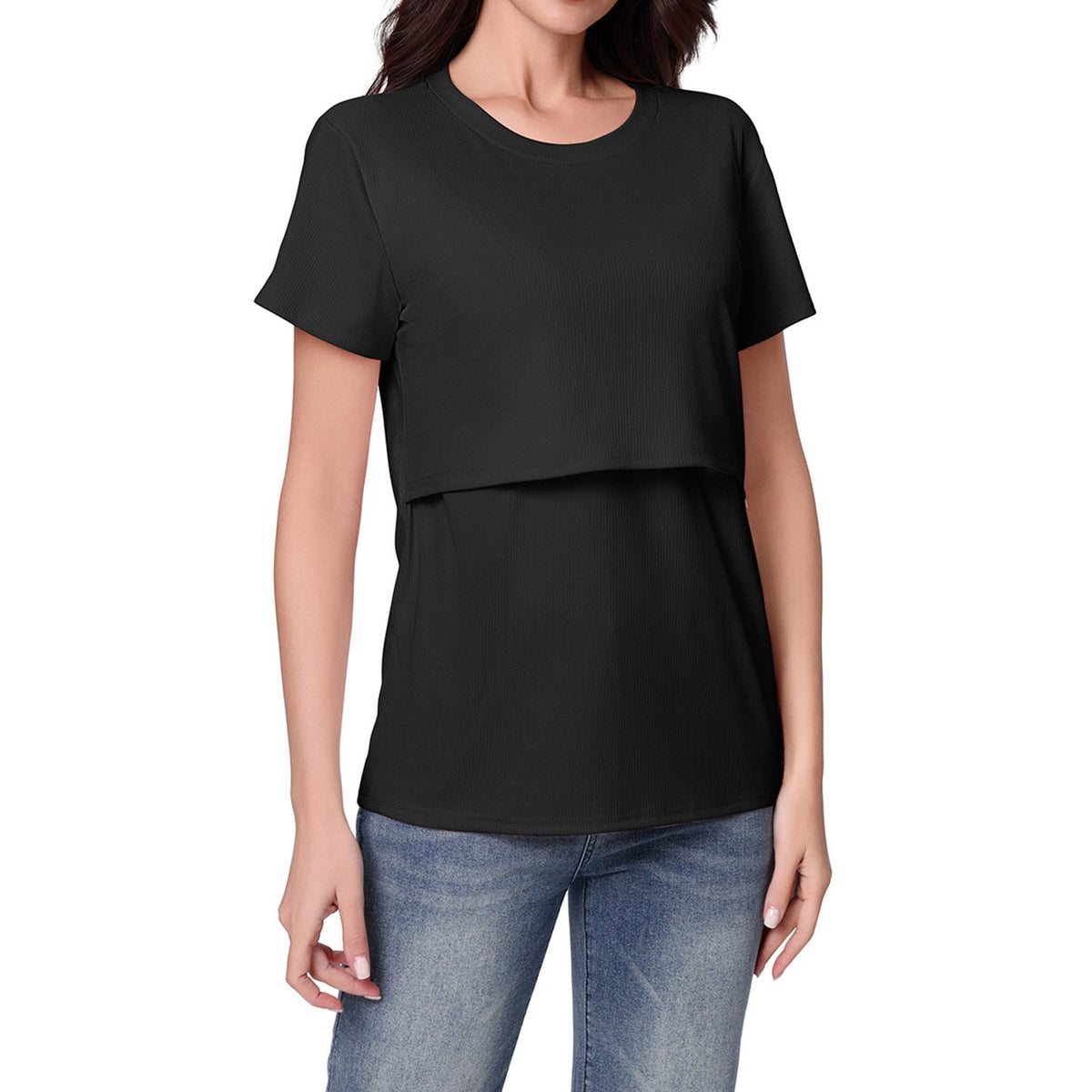 Maternity Outfit Layered Short-Sleeve Nursing Tee studio product photo