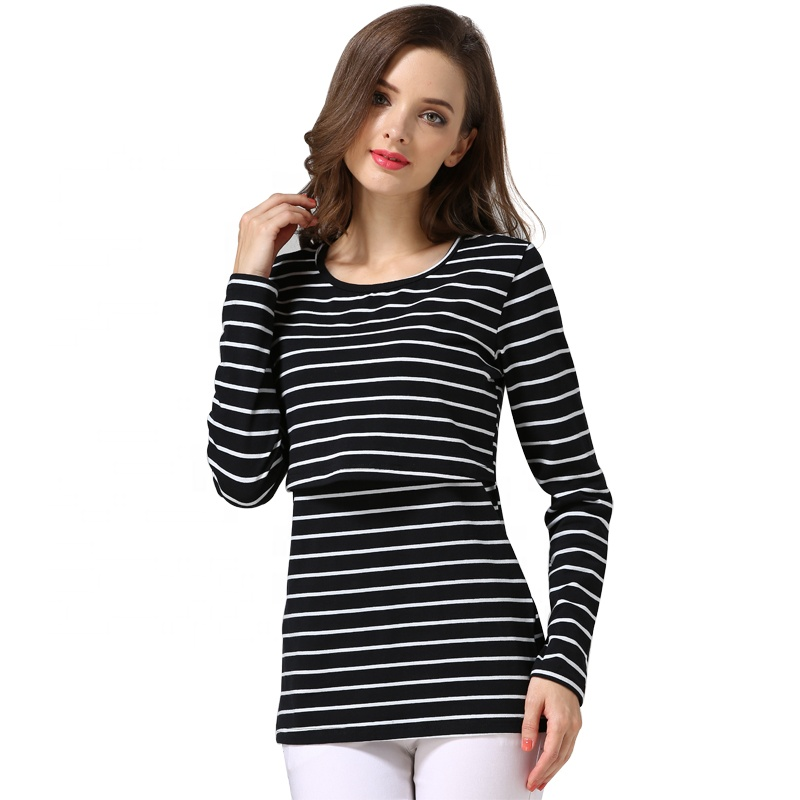 Maternity Outfit Striped Long-Sleeve Layered Nursing Tee studio product photo