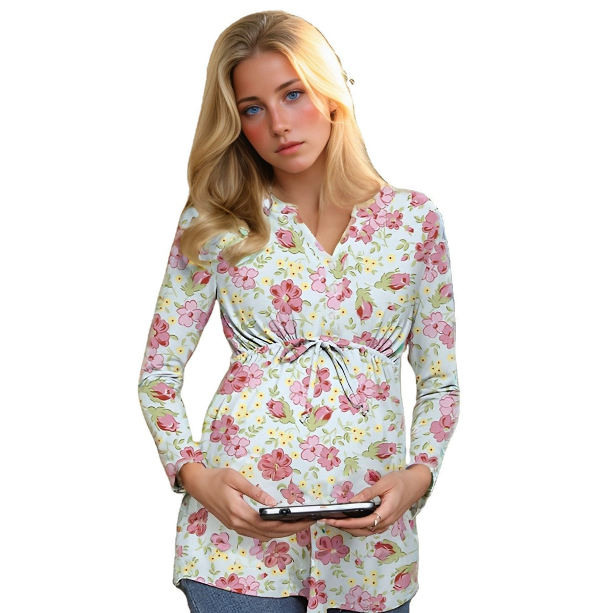 Maternity Outfit Printed Tie-Waist Maternity Blouse studio product photo