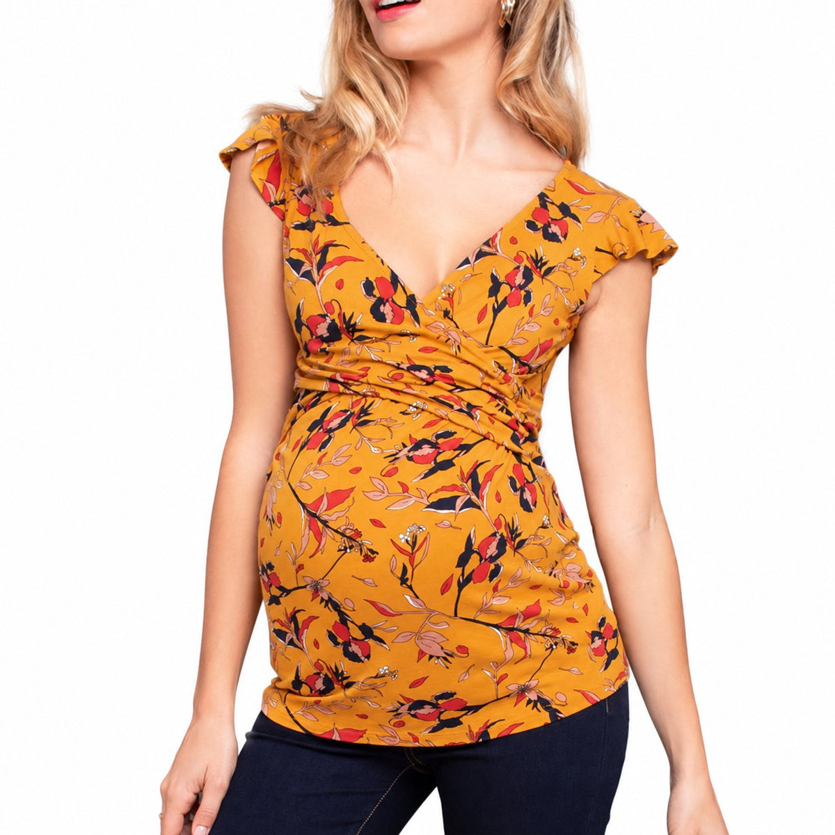 Maternity Outfit Floral Flutter-Sleeve Nursing Top studio product photo