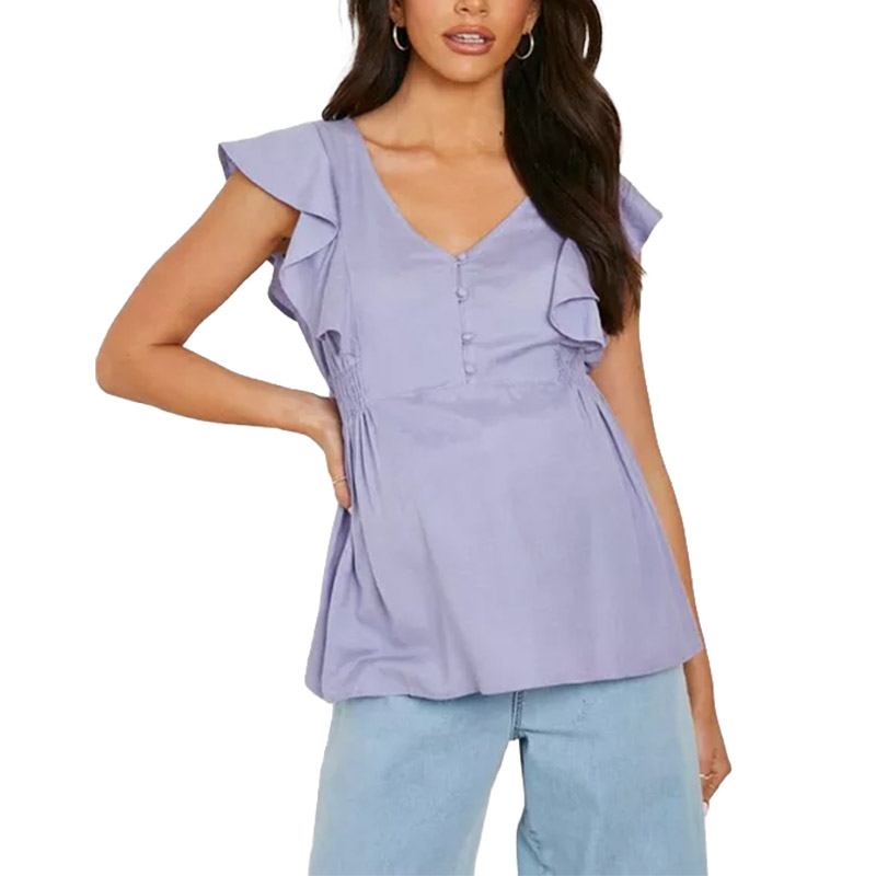 Maternity Outfit Ruffle-Shoulder Button-Front Blouse studio product photo