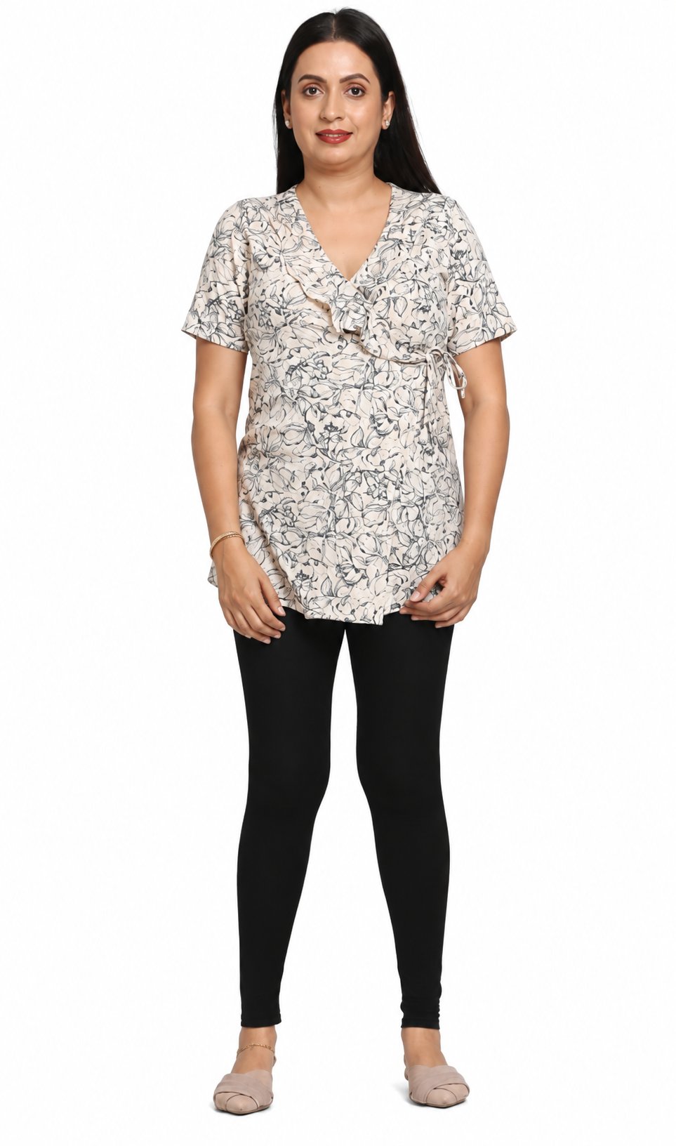 Maternity Outfit Botanical-Print Nursing Wrap Top studio product photo