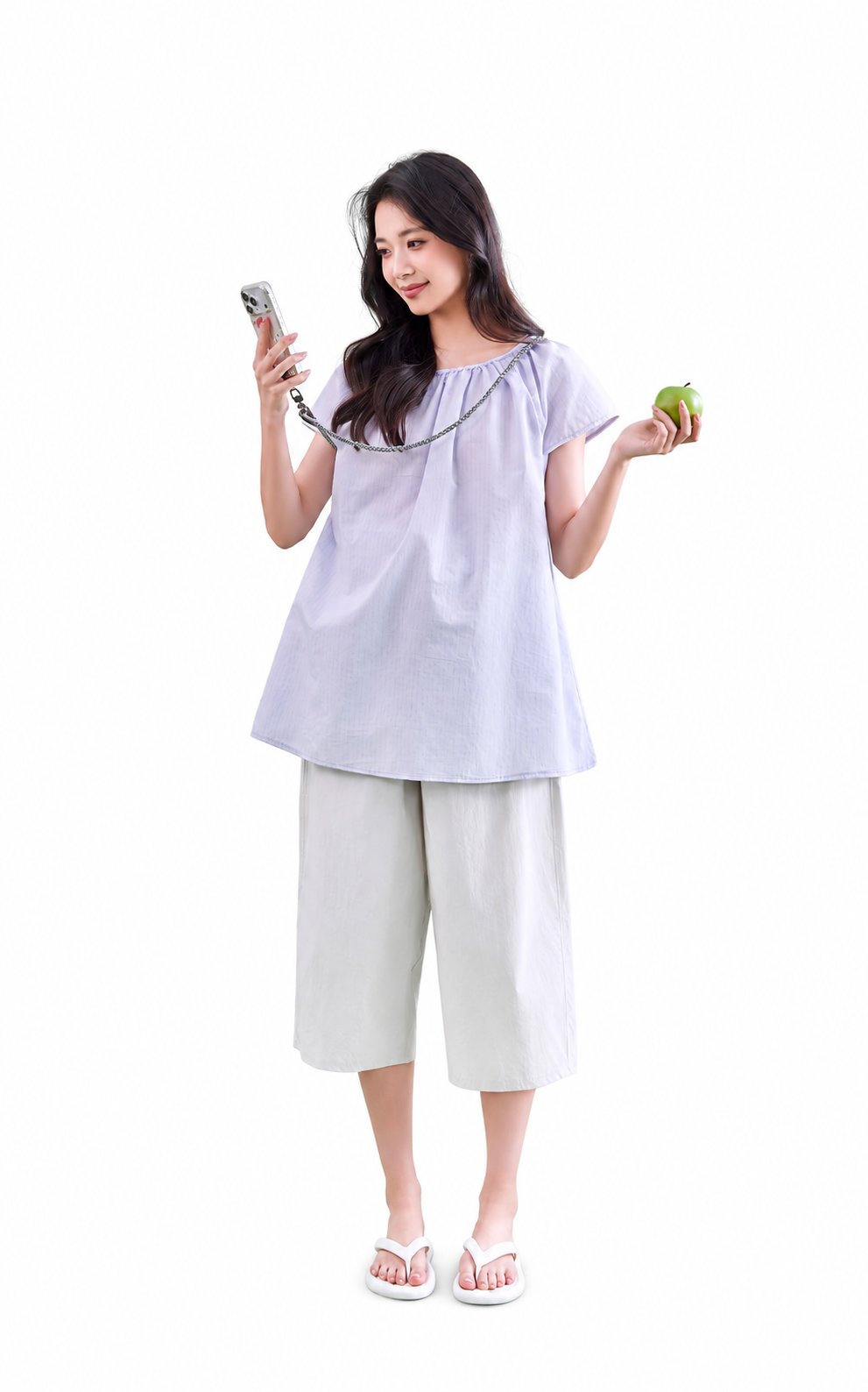Maternity Outfit Gathered-Neck Short-Sleeve Blouse studio product photo