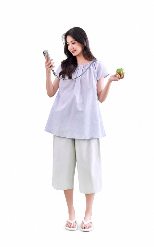 Maternity Outfit Gathered-Neck Short-Sleeve Blouse studio product photo