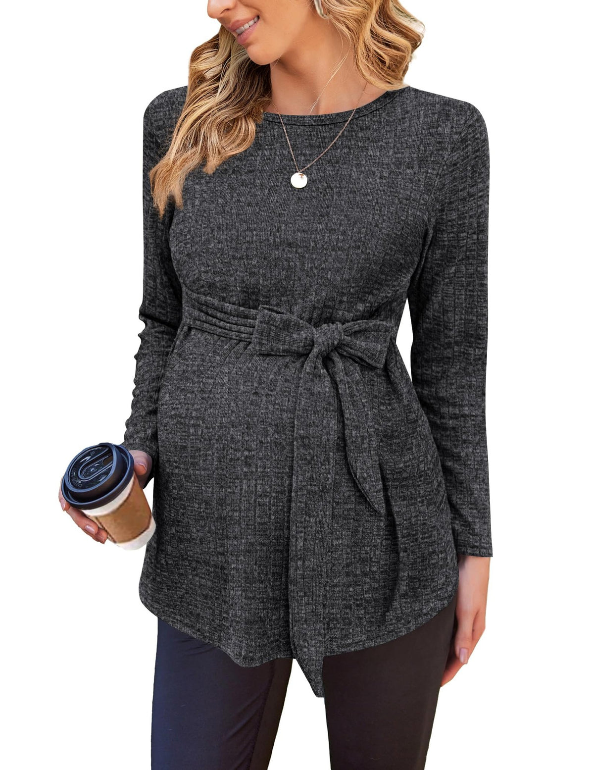 Maternity Outfit Tie-Waist Ribbed Maternity Top studio product photo