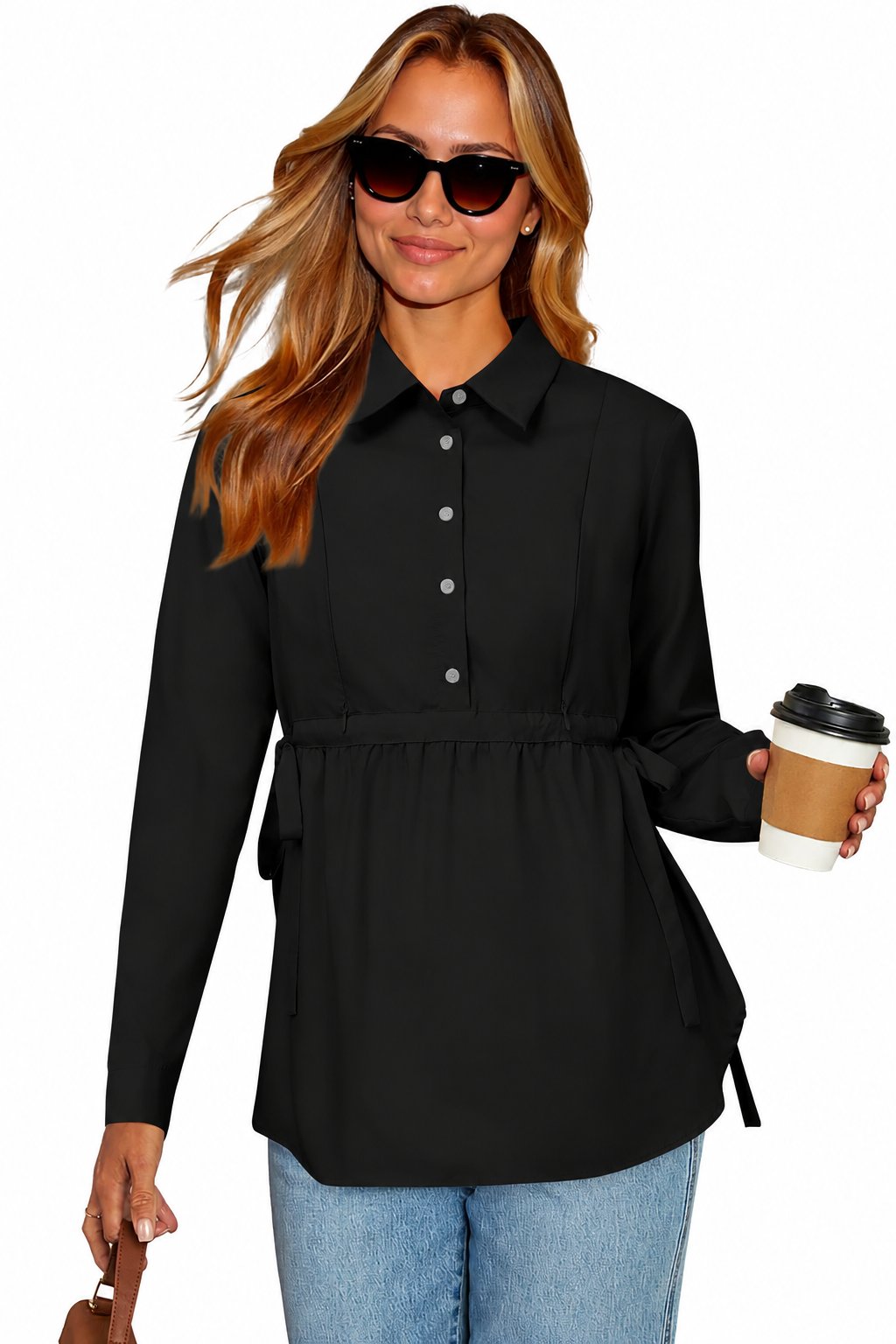 Maternity Outfit Collared Tie-Waist Maternity Shirt studio product photo