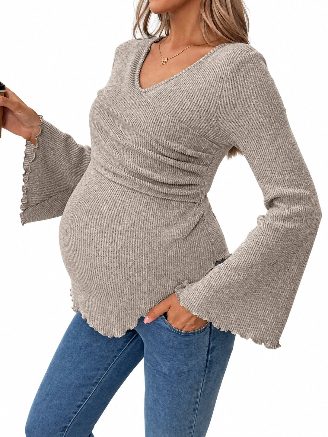 Maternity Outfit Ribbed Crossover Flare-Sleeve Maternity Top studio product photo