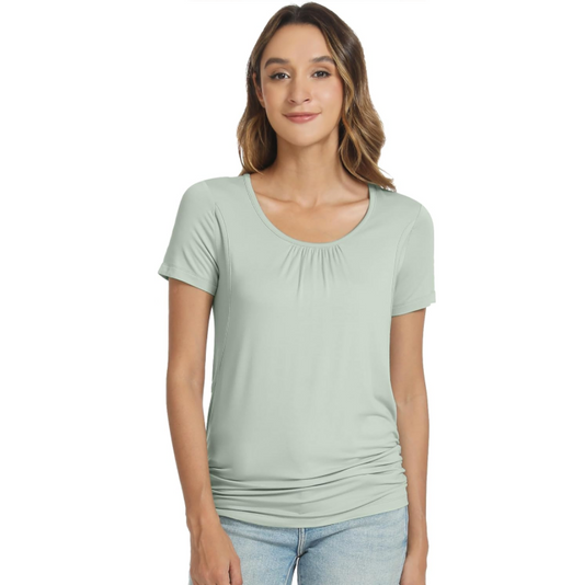 Maternity Outfit Gathered-Neck Short-Sleeve Nursing Tee studio product photo