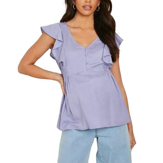 Maternity Outfit Ruffle-Shoulder Button-Front Blouse studio product photo