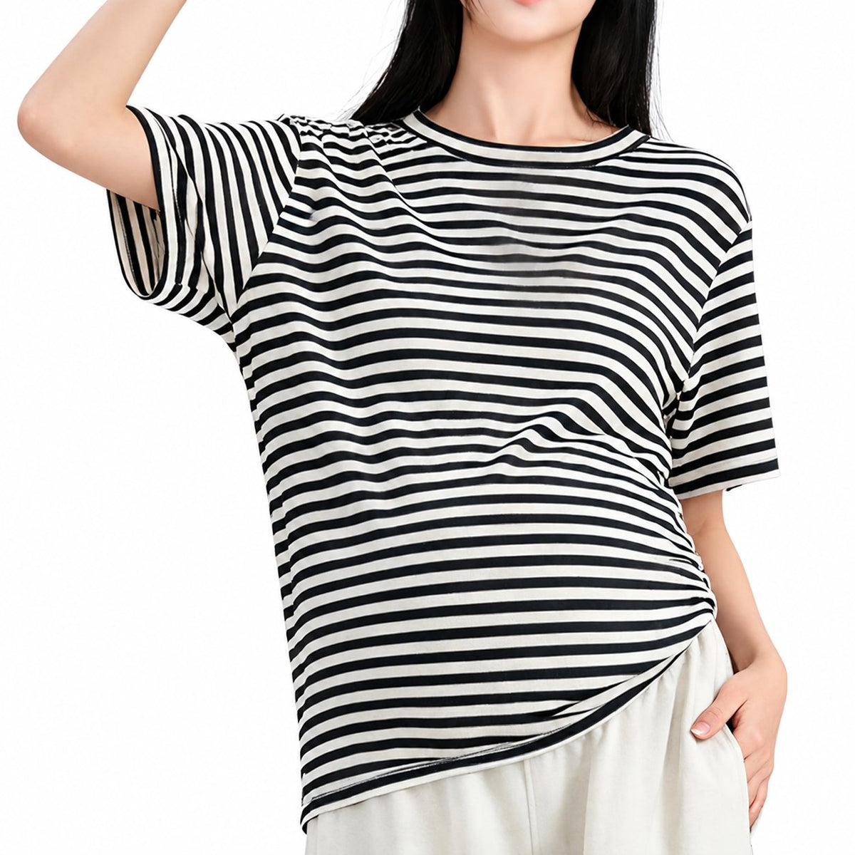 Maternity Outfit Loose Striped Crew-Neck Maternity Tee studio product photo