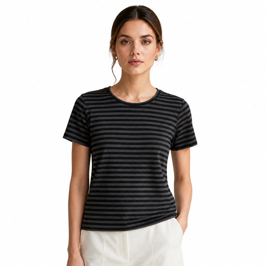 Maternity Outfit Fine-Stripe Crew-Neck Tee studio product photo
