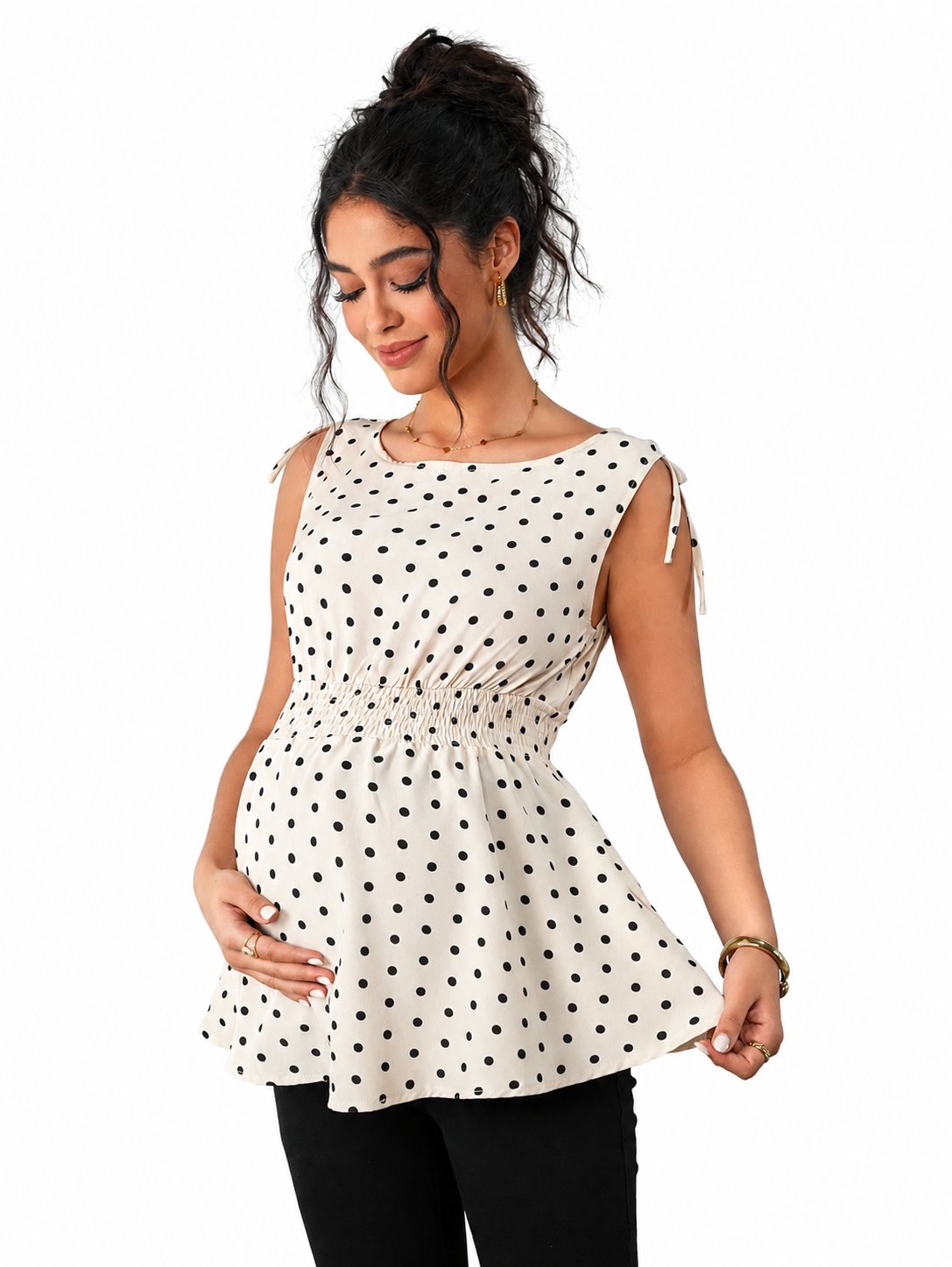 Maternity Outfit Polka-Dot Tie-Shoulder Maternity Blouse studio product photo