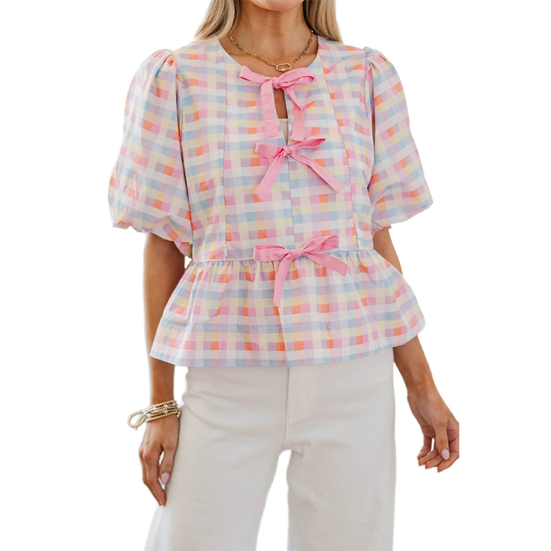 Maternity Outfit Pastel Check Bow-Front Nursing Blouse studio product photo