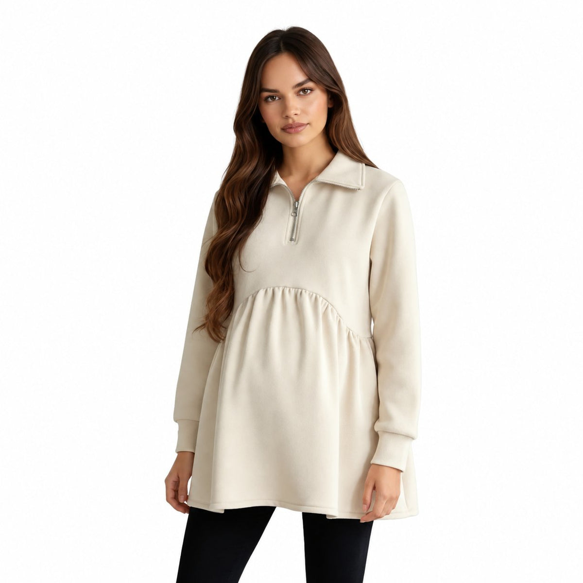Maternity Outfit Quarter-Zip Peplum Maternity Pullover studio product photo
