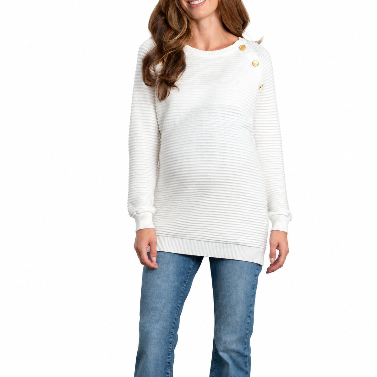 Maternity Outfit Shoulder-Button Cotton Maternity Sweater studio product photo